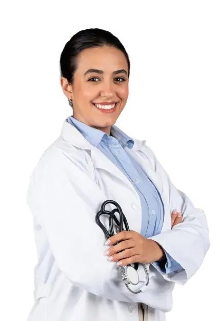 smiling-confident-latin-female-therapist-holding-stethoscope-posing-with-crossed-arms-gray