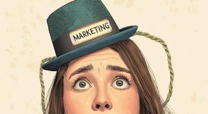 A female with too-small hat labeled Marketing