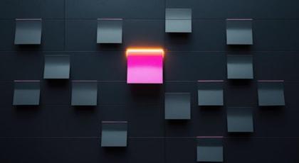 Grid of sticky notes on a wall, one brightly lit or glowing while the others are dim, symbolizing targeted ABM focus, minimal and bold concept, dark background with jewel-tone highlight,