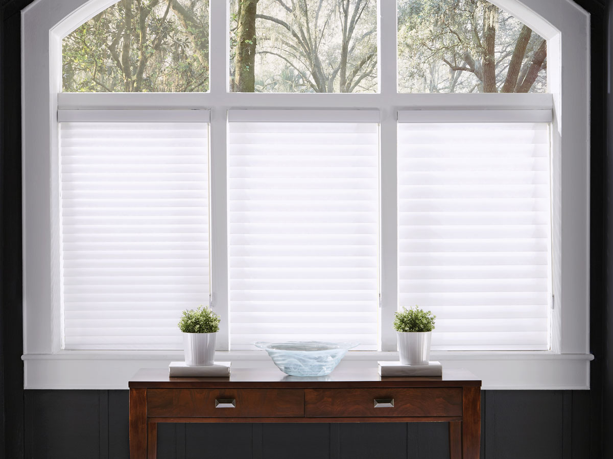 Three white Tenera® Sheer Shades with different vane sizes starting at the smallest on one side with a wooden dark brown table with white plant pots in front of it