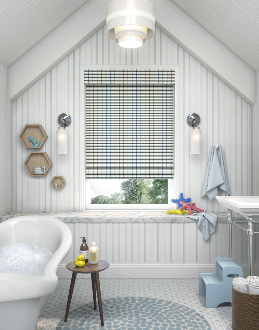 White and blue Manh Truc® Woven Wood Shade in a bathroom with a bath tub full of suds