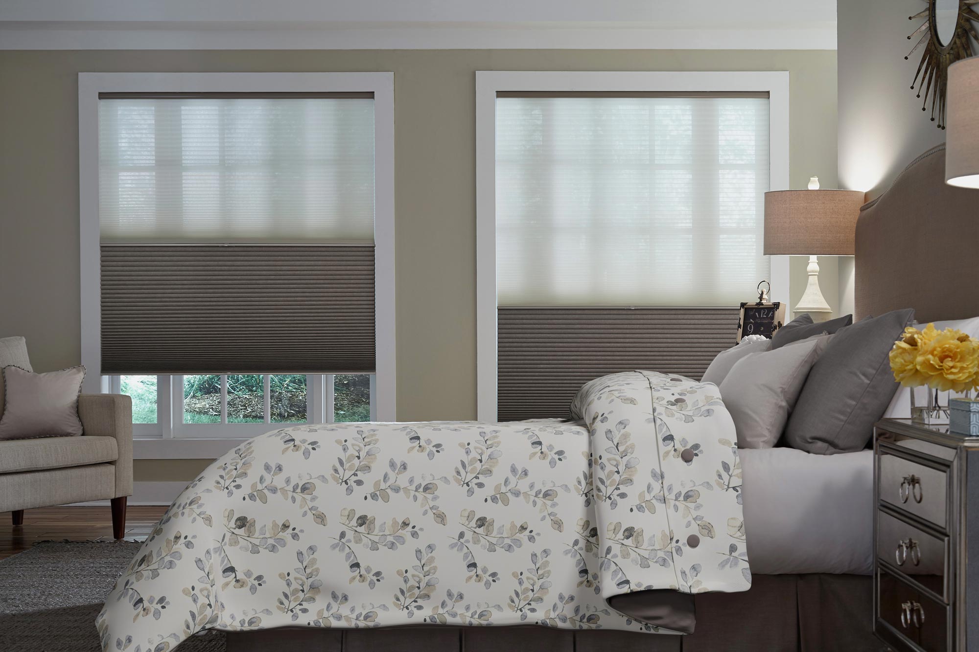 Parasol® Cellular Shades in windows behind a bed with Interior Masterpieces® custom bedding