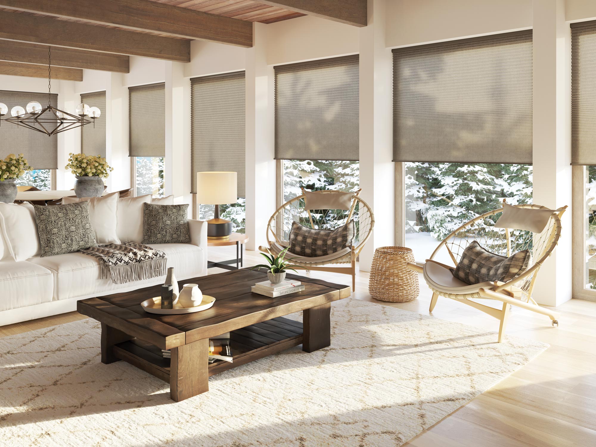 Several Parasol® Cellular Shades along a wall with snow covered trees outside and a warm interior living room inside
