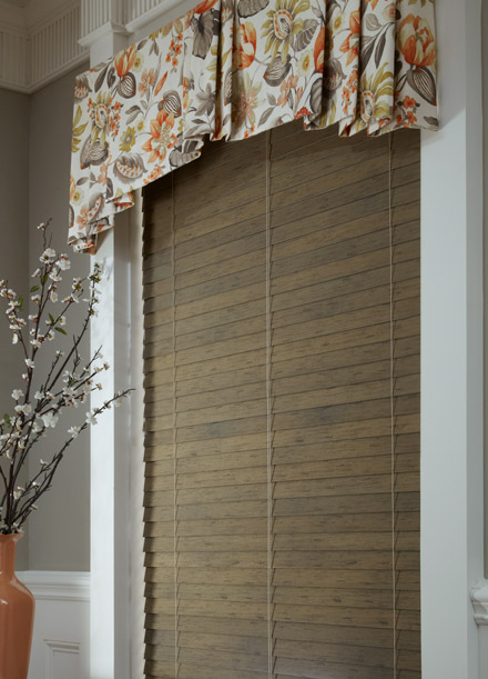 tan Heartland® wood blind with custom floral Interior Masterpieces® board mounted fabric valance
