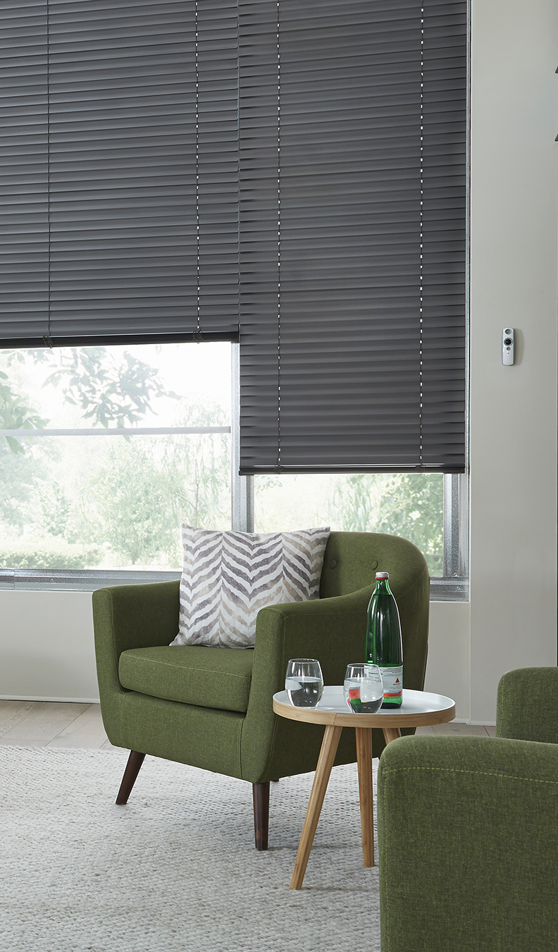 close up of black Classic Collection® Motorized Aluminum Blinds