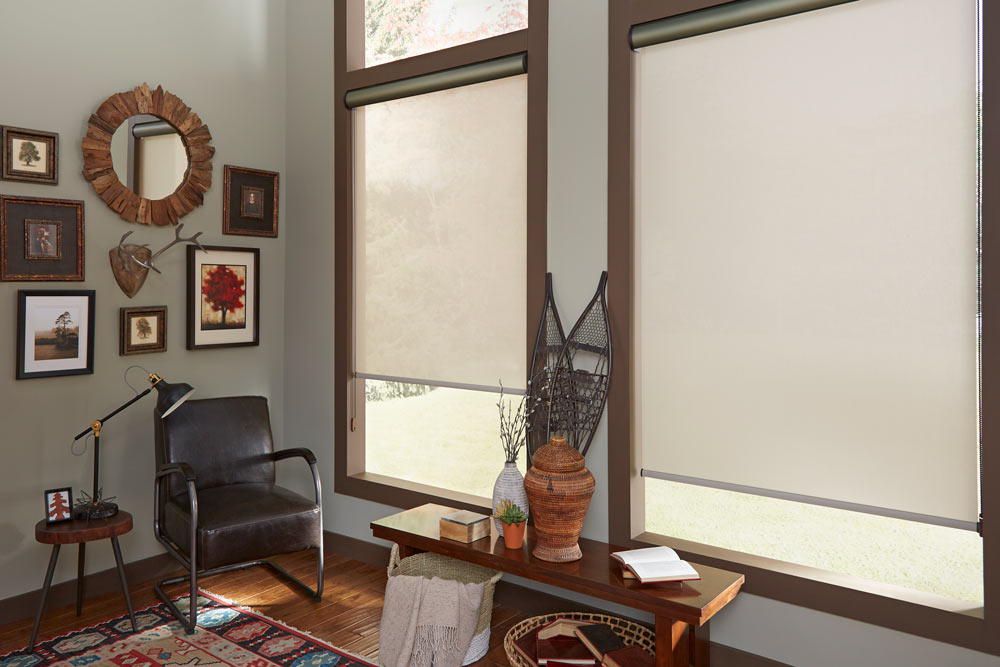 two large tan Genesis®  Roller Shades with bronze Cassettes in a room with gray walls and dark brown trim