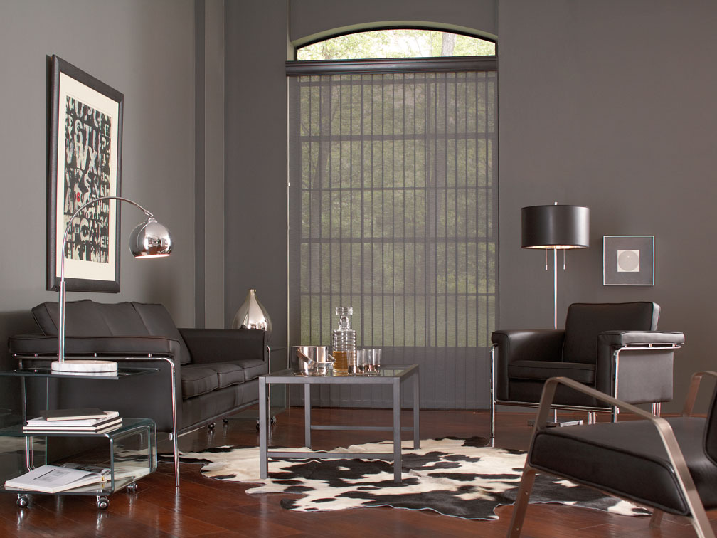 Discoveries® vertical blinds with a Majesty Valance hanging in a gray room with dark furniture