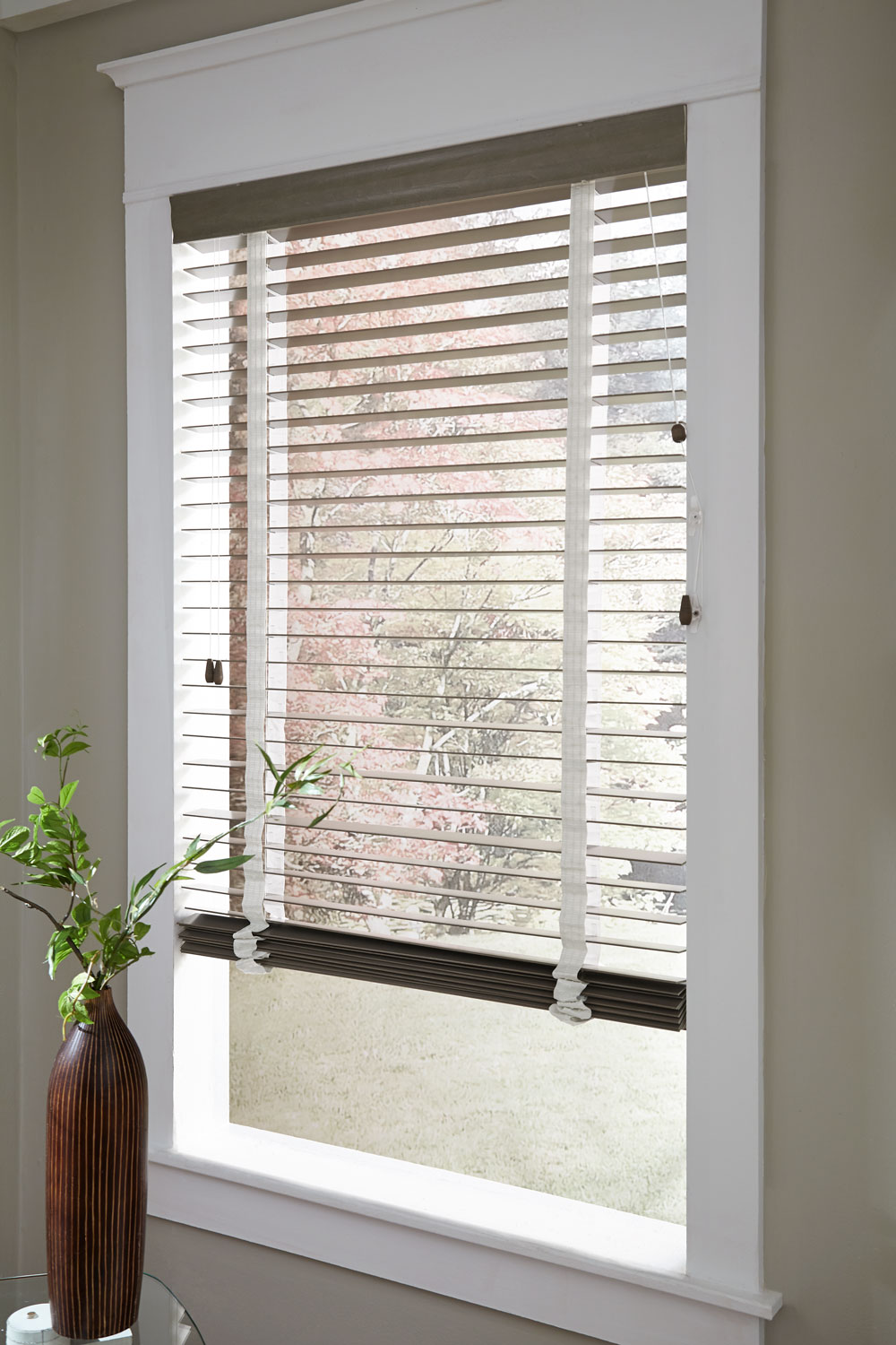 closeup of brown Heartland Woods® Wood Blinds with Decorative Tape with a green plant in front