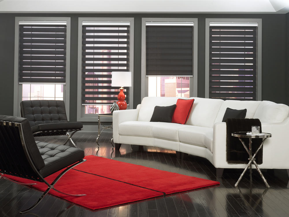 several dark Allure® Transitional Shades against a dark gray wall with a white couch that has gray and red Interior Masterpieces® Custom Pillows on it and black furniture on a red area rug