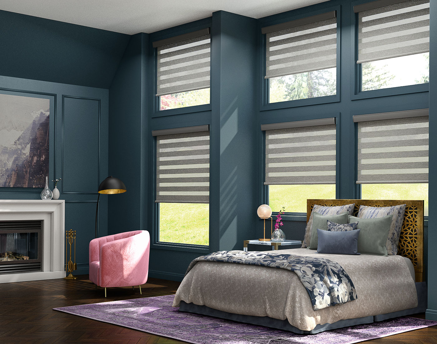 Several Allure® Transitonal Shades in a room with a bed that has Interior Masterpieces® blankets and pillows