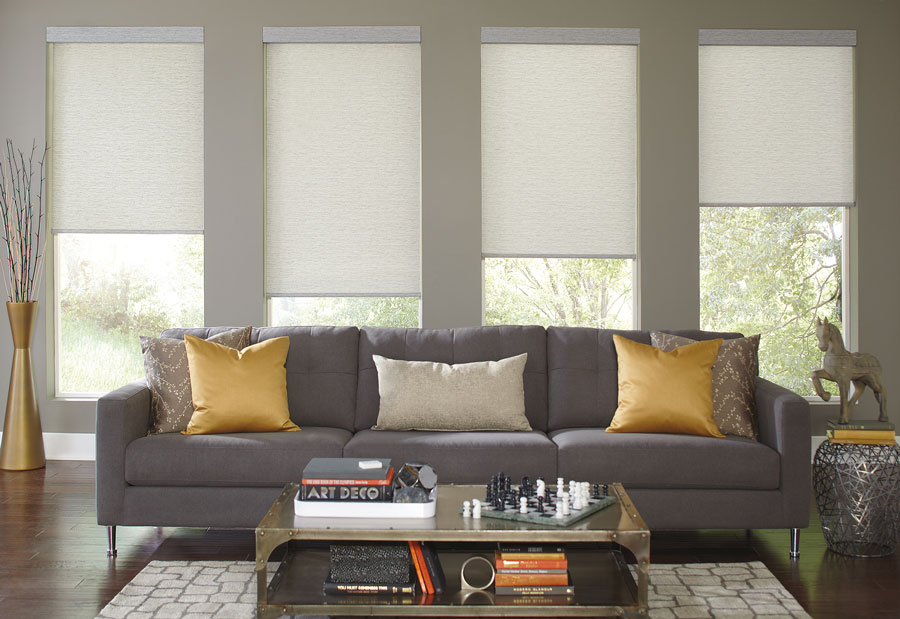 Four cream colored Genesis® Roller Shades behind a couch in a living room setting