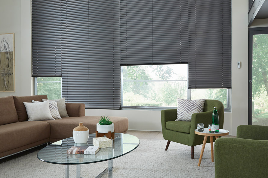 Dark Classic Collection® Aluminum Blinds in a living room with a brown couch and green chair that has Interior Masterpeices® Custom Pillows