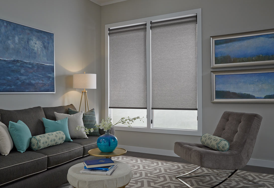 Two large gray Genesis® Dual Roller Shades behind a dark gray couch with accenting blue, gray, and green Interior Masterpieces® Custom Pillows