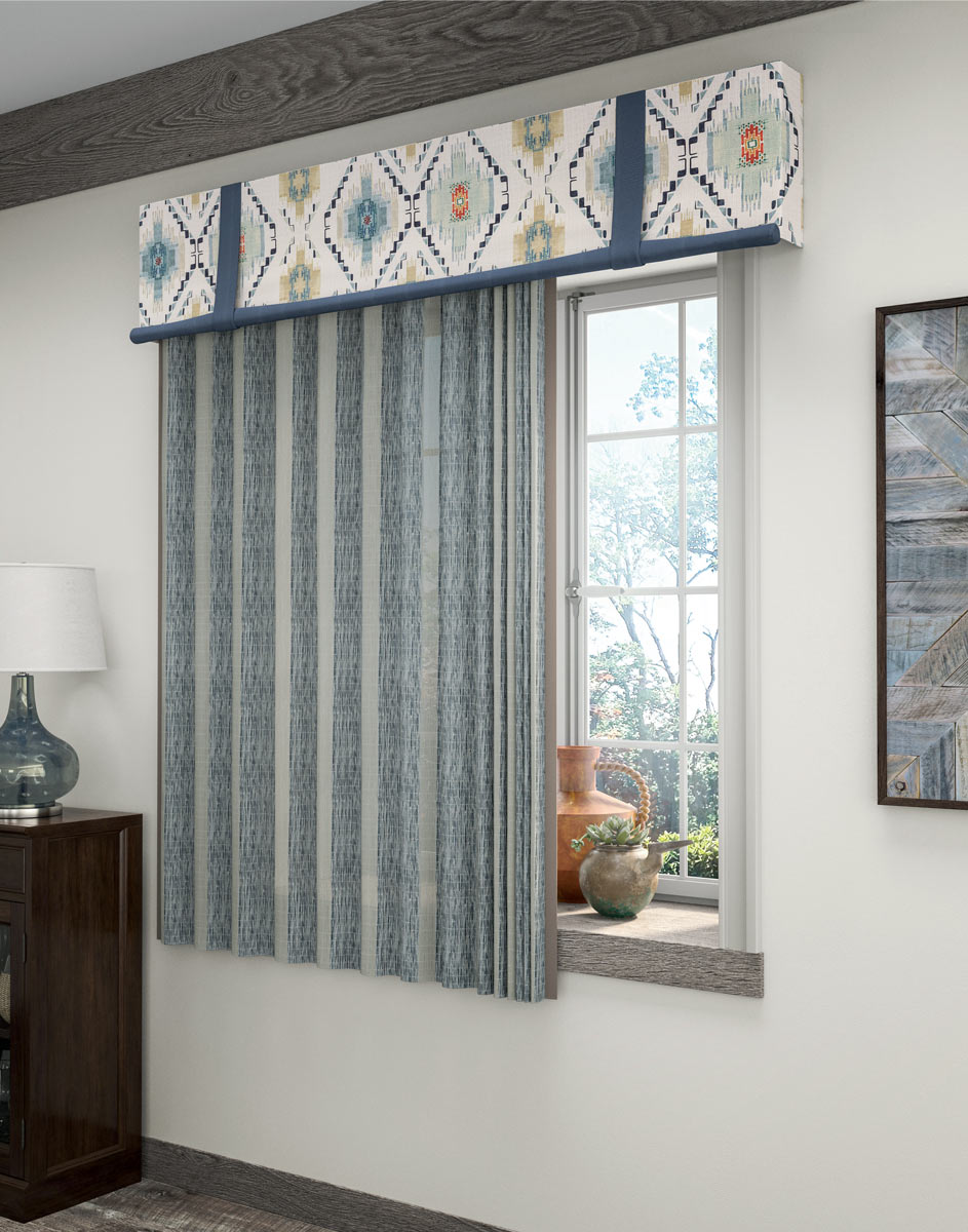 Blue Manh Truc® Panel Drape & tan, blue and green patterned Interior Masterpieces® Fabric Cornice