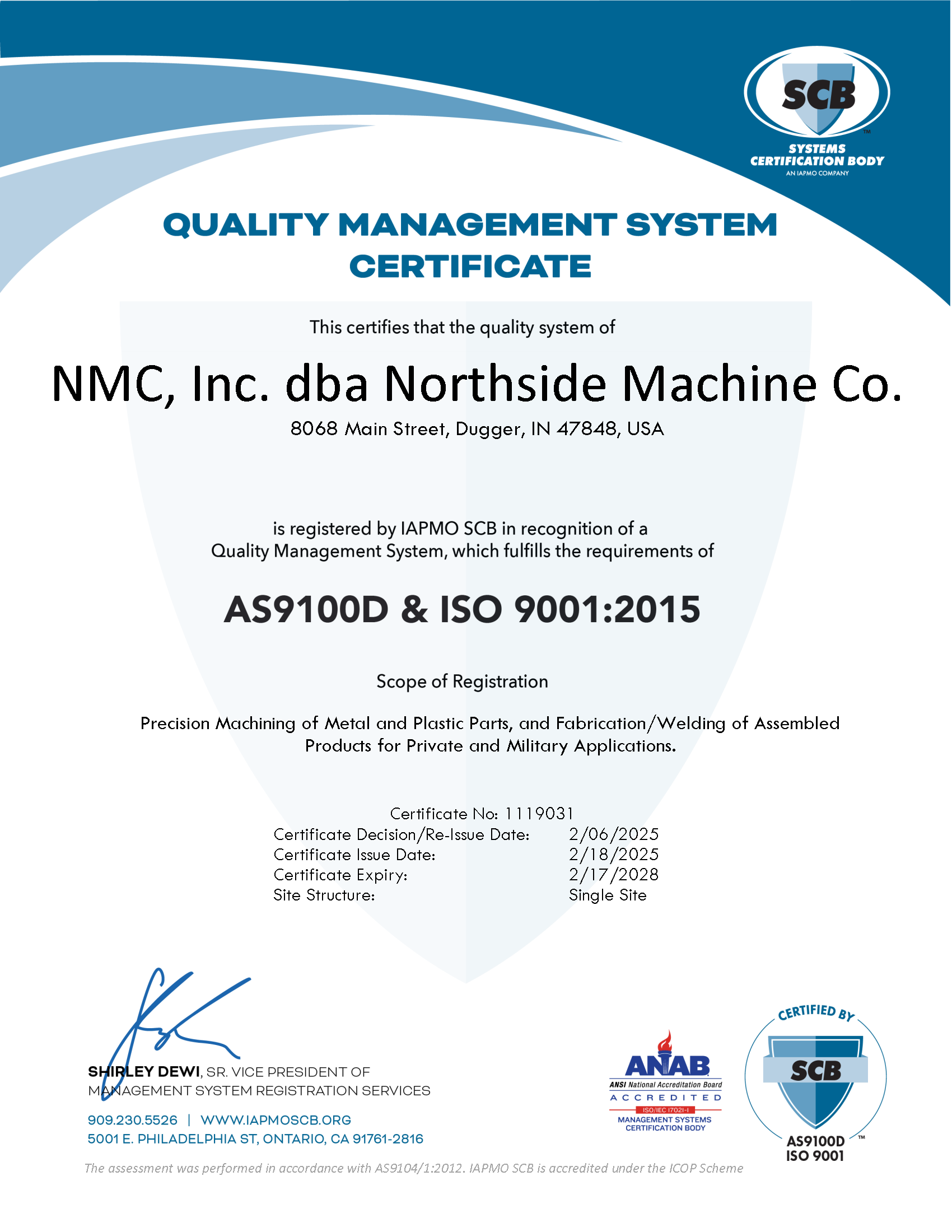 NMC Inc. dba Northside Machine Co. AS 9100D  ISO 9001 Certificate 2025(R)