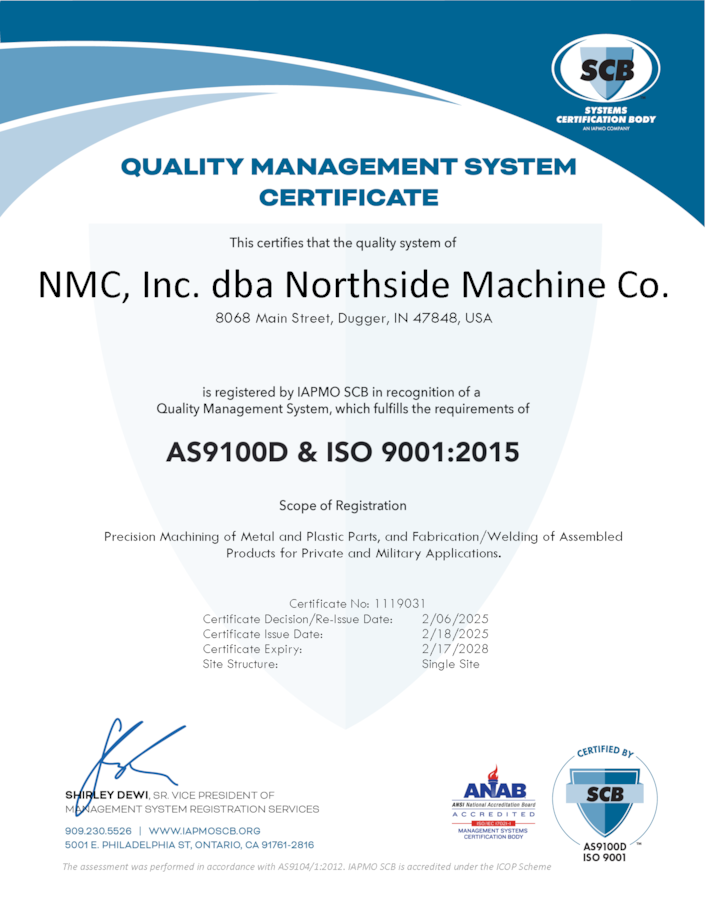 QMS ISO 9001:2015/AS9100D Certified | Northside Machine | Indiana QMS ISO 9001:2015/AS9100D Certified | Northside Machine | Indiana