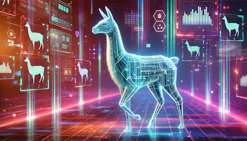 DALL·E 2025-01-20 17.22.39 - A futuristic digital llama navigating through a vibrant cyberverse. The llama is sleek and cybernetic, with glowing neon lines on its body resembling 