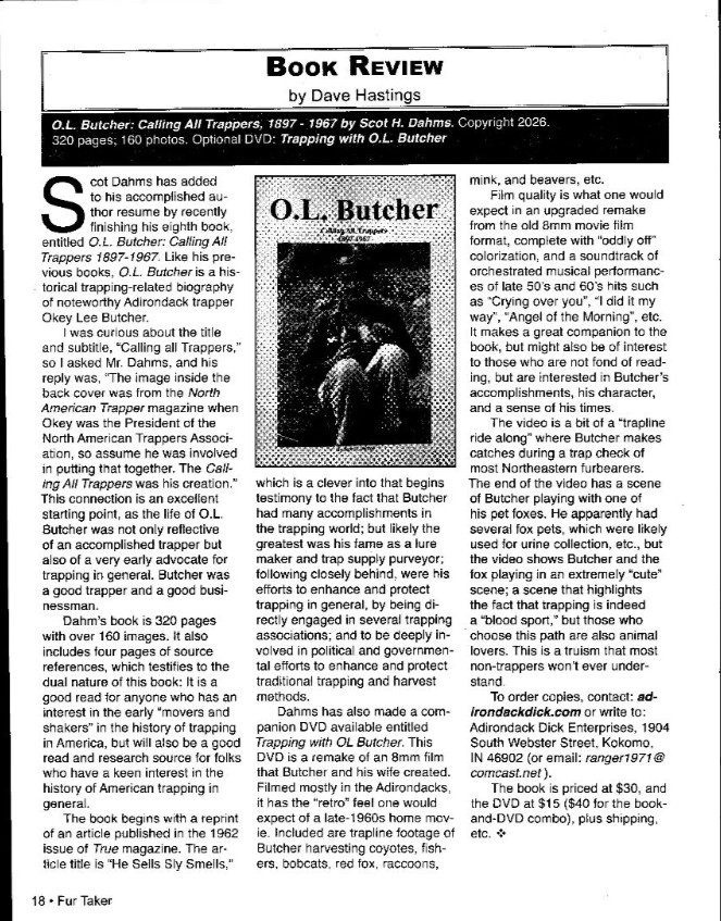 Book Review by Dave Hasting - O.L. Butcher - Calling All Trappers, Fur Taker May 2026