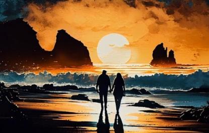 silhouette-couple-standing-watching-tranquil-sunset-generative-ai_188544-12591