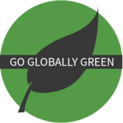 Go Globally Green on a leaf with a green circle background