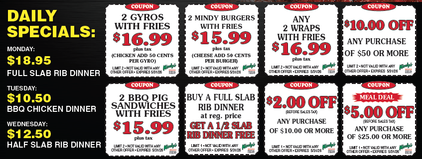 Coupons | Mindy's Ribs | Mokena, Illinois