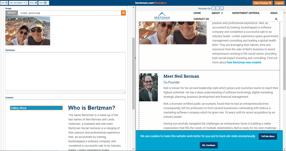Screenshot of Bertzman Social Ventures' website in the Marketpath CMS to show flexibility