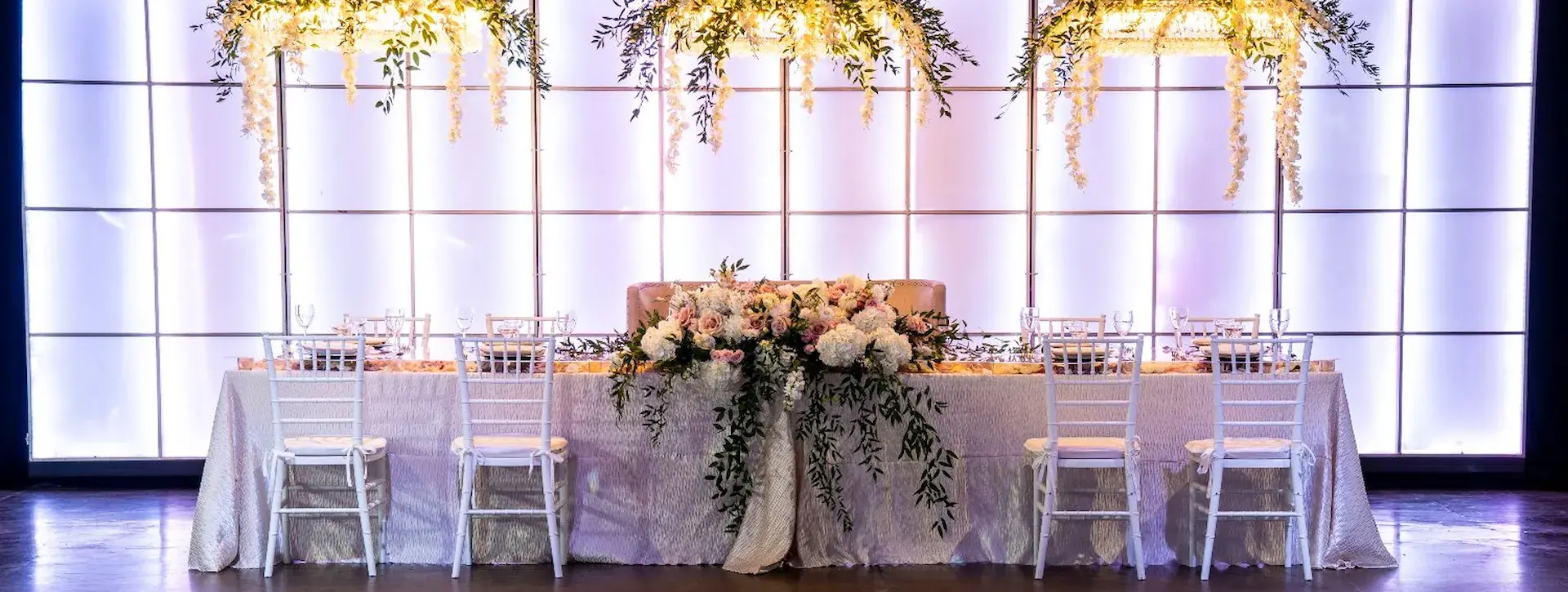 Headtable with Chandeliers Wedding Reception Downtown Indianapolis