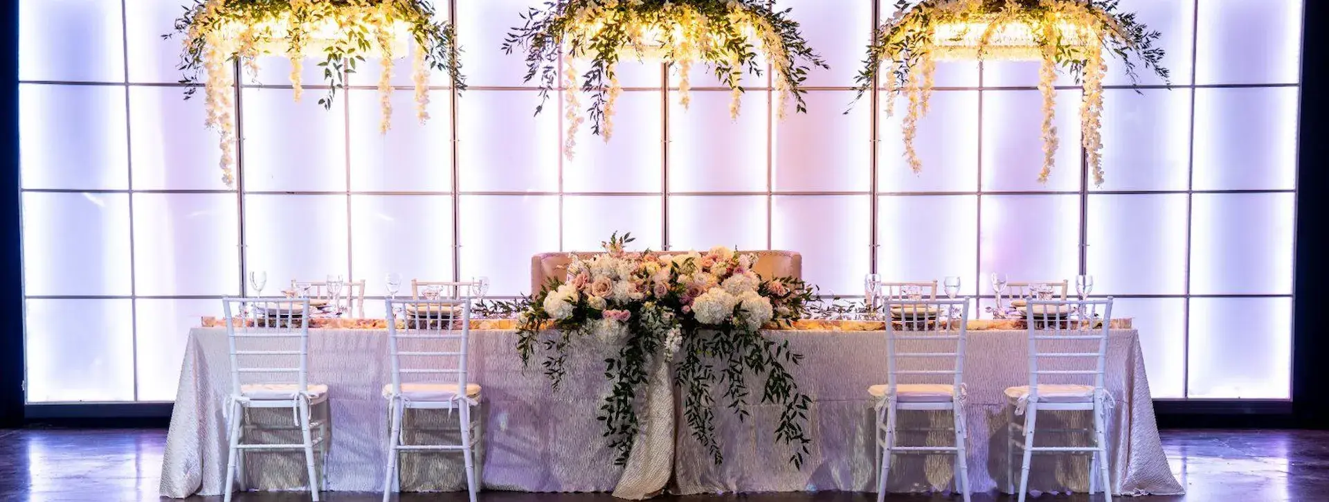 Headtable with Chandeliers Wedding Reception Downtown Indianapolis