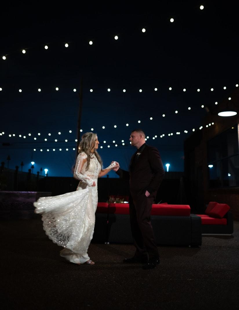 New Years Eve Wedding Bride and Groom Outdoor Dance Indianapolis - Crane Bay Event Center