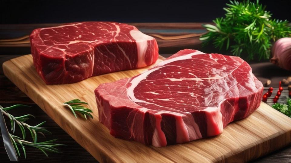 Raw beef steaks on a board