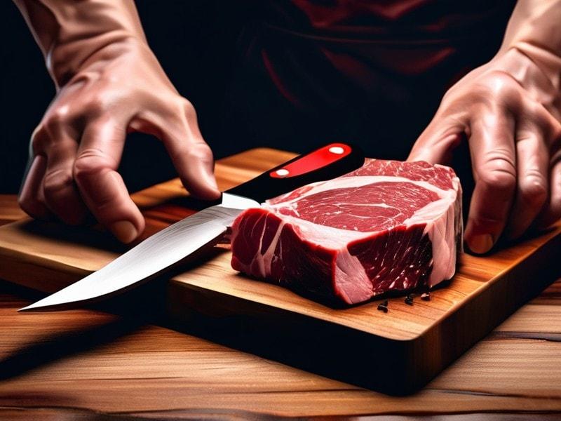 Butcher cutting fresh beef on a wooden block