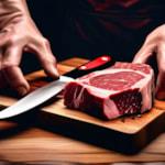 Butcher cutting fresh beef on a wooden block
