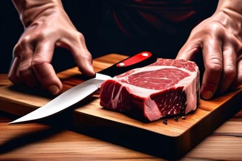 Butcher cutting fresh beef on a wooden block