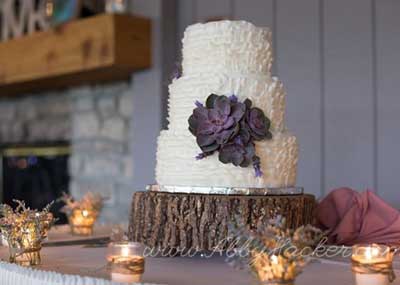 This rustic-themed wedding reception completes the look with a tree cake plate at The Lodge at The Willows