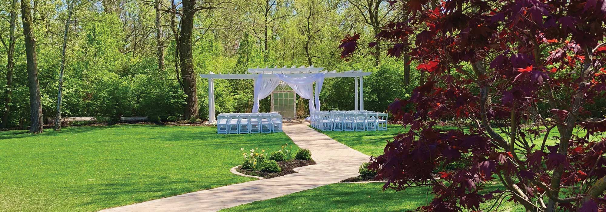 The Lakefront Garden at The Willows ready for a wedding ceremony on a spring day in Indianapolis