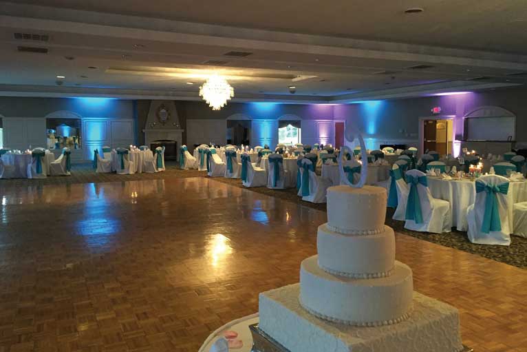 Teal and white themed wedding reception at The Ballroom at The Willows