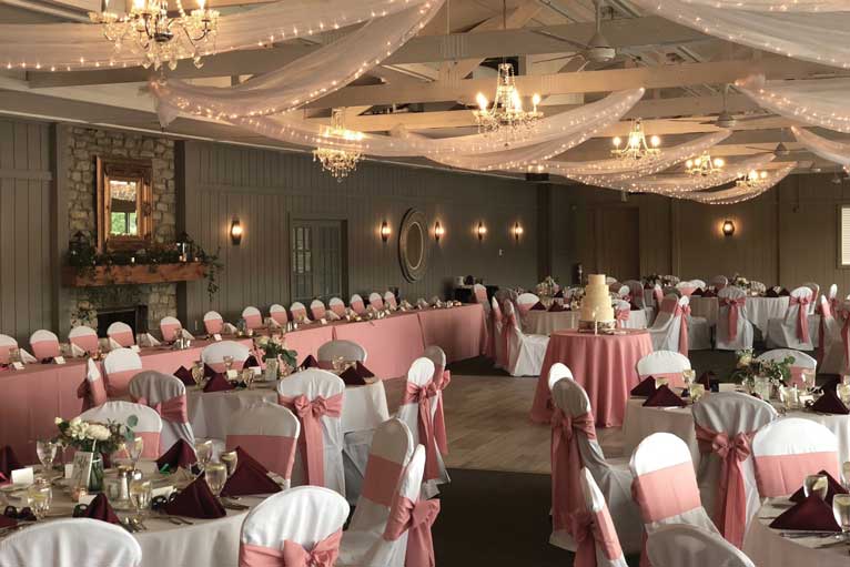 A classic pink-themed wedding reception hosted at The Lodge at The Willows in Indianapolis