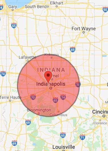 Map of Indiana with a 50 mile radius around Indianapolis - All-Round Cleaning's Service Area