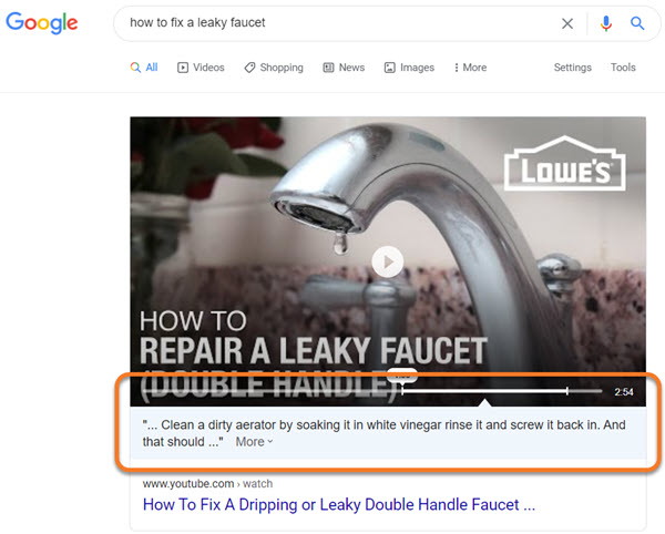 Google pulls YouTube transcript into Featured Snippet