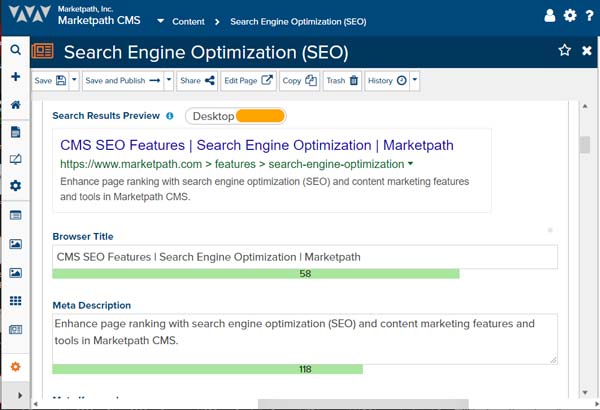 Marketpath CMS' SEO feature displays the Browser Title and Meta Description