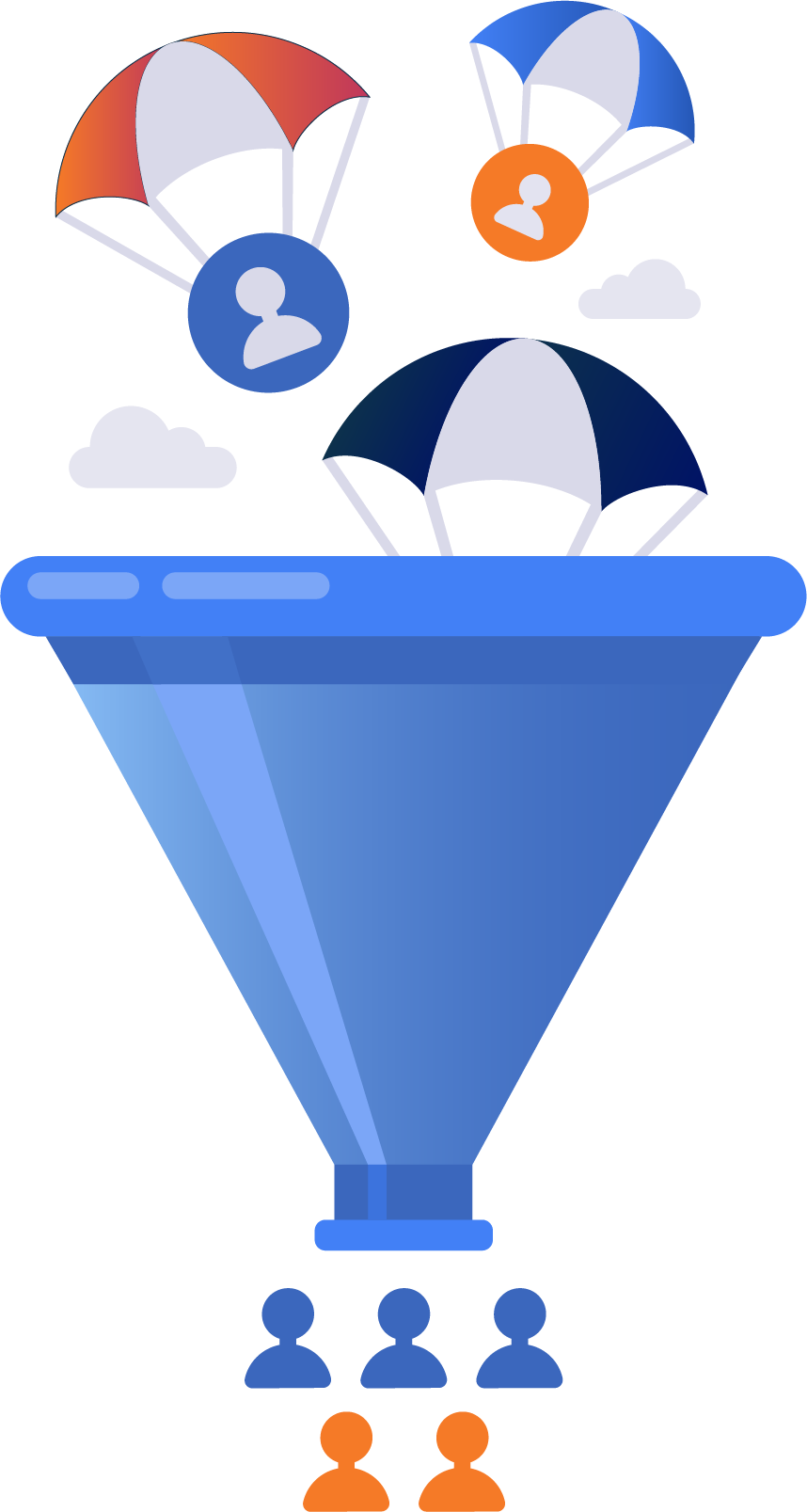 Parachutes landing in a funnel to create leads through marketing automation