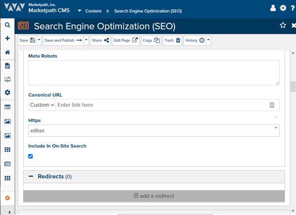 Marketpath CMS' SEO feature allows users to update robots meta tags, add canonical links, and configure redirects