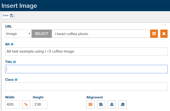 Marketpath CMS Screenshot - Insert Image features the ability to edit the Alt text for SEO