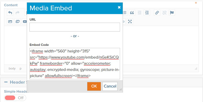 Video Embed dialog within Marketpath CMS
