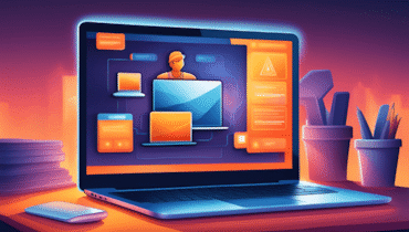 A stylized digital illustration showing a laptop with a modern contractor website on a desk, surrounded by office supplies