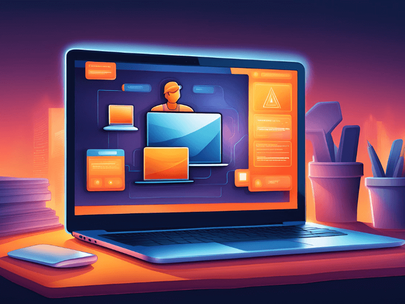 A stylized digital illustration showing a laptop with a modern contractor website on a desk, surrounded by office supplies