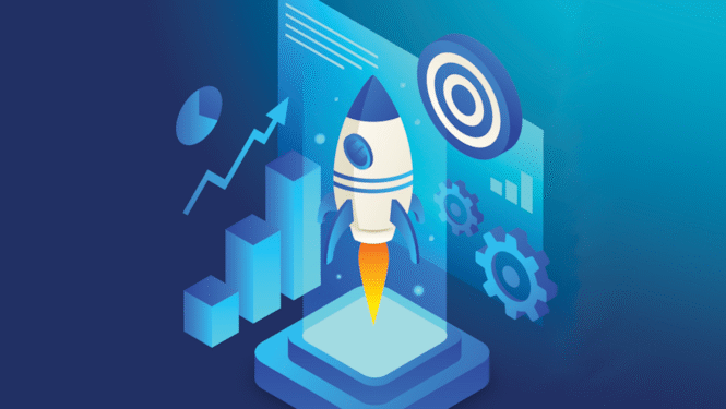 Rocket launching in front of website with graphs going upwards and a target