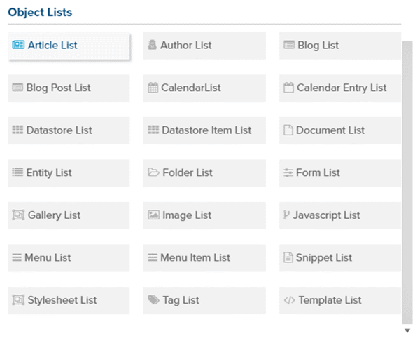 Built-in object lists in Marketpath CMS