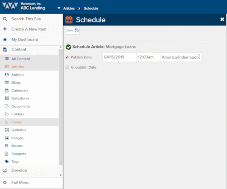 Scheduling and Publishing a Page in Marketpath CMS