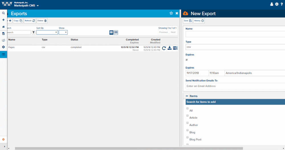 Export Wizard in Marketpath CMS